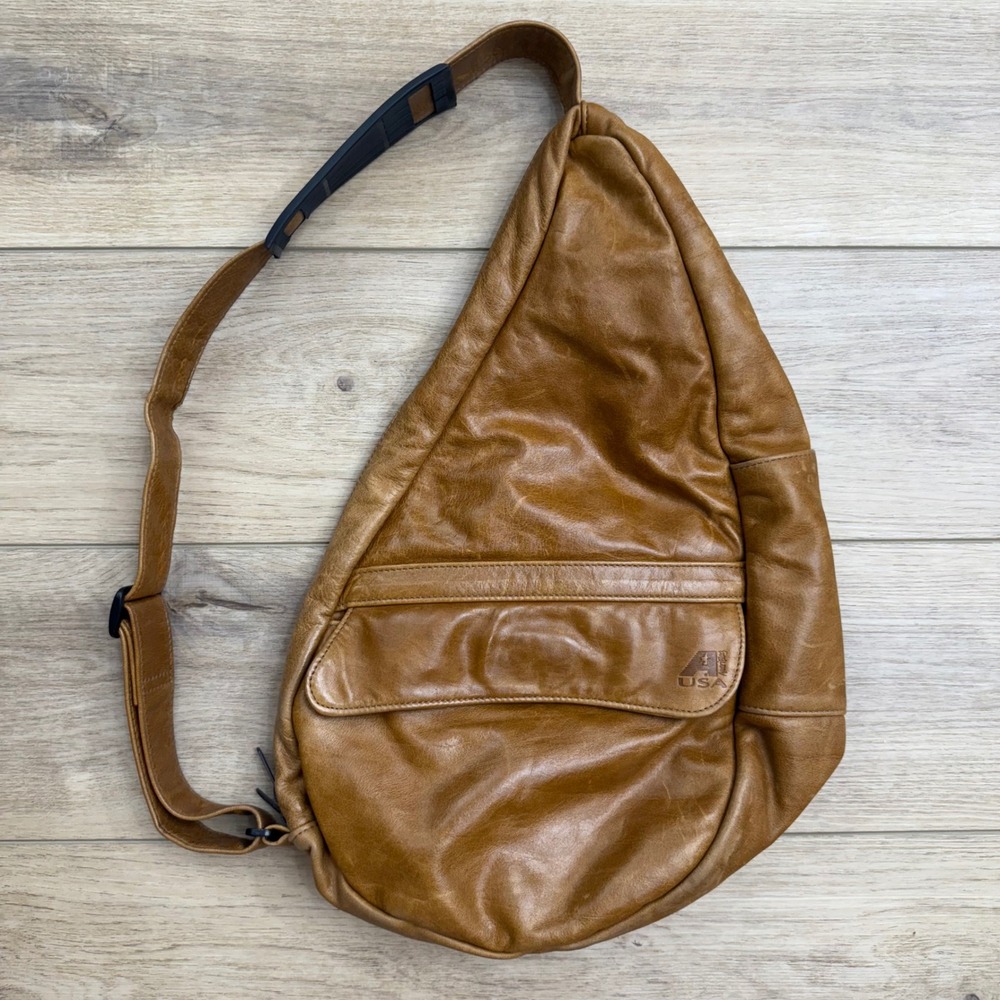 AmeriBag Leather Healthy Back Bag Shoulder Sling Bag 19" Crossbody USA Made‎ Tan